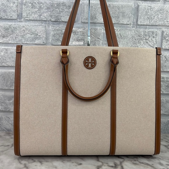 Tory Burch Blake Canvas Jumbo Tote In Natural Classic Cuoio - Picture 2 of 13